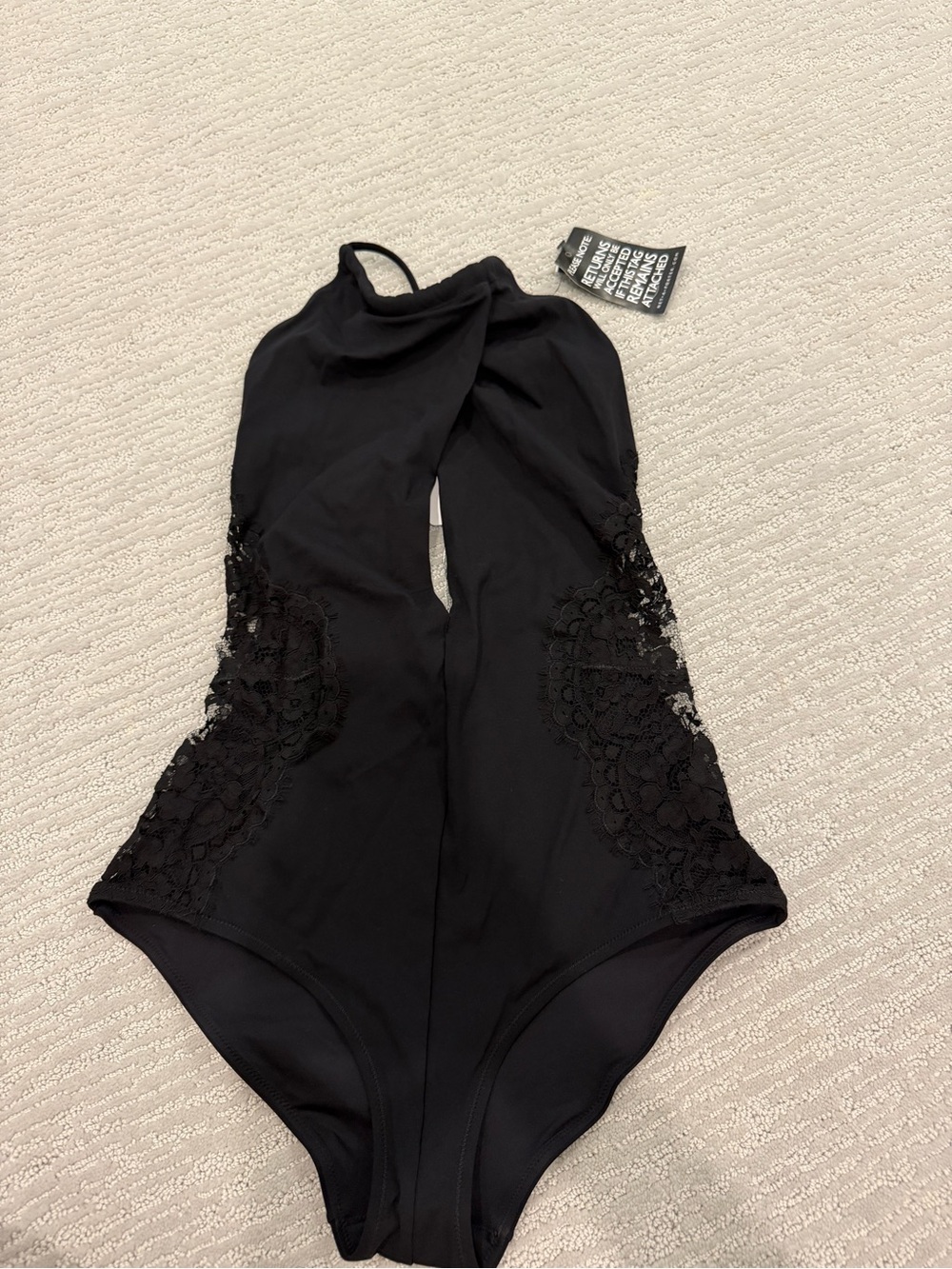 Black Lace-Detail Halter One-Piece Swimsuit